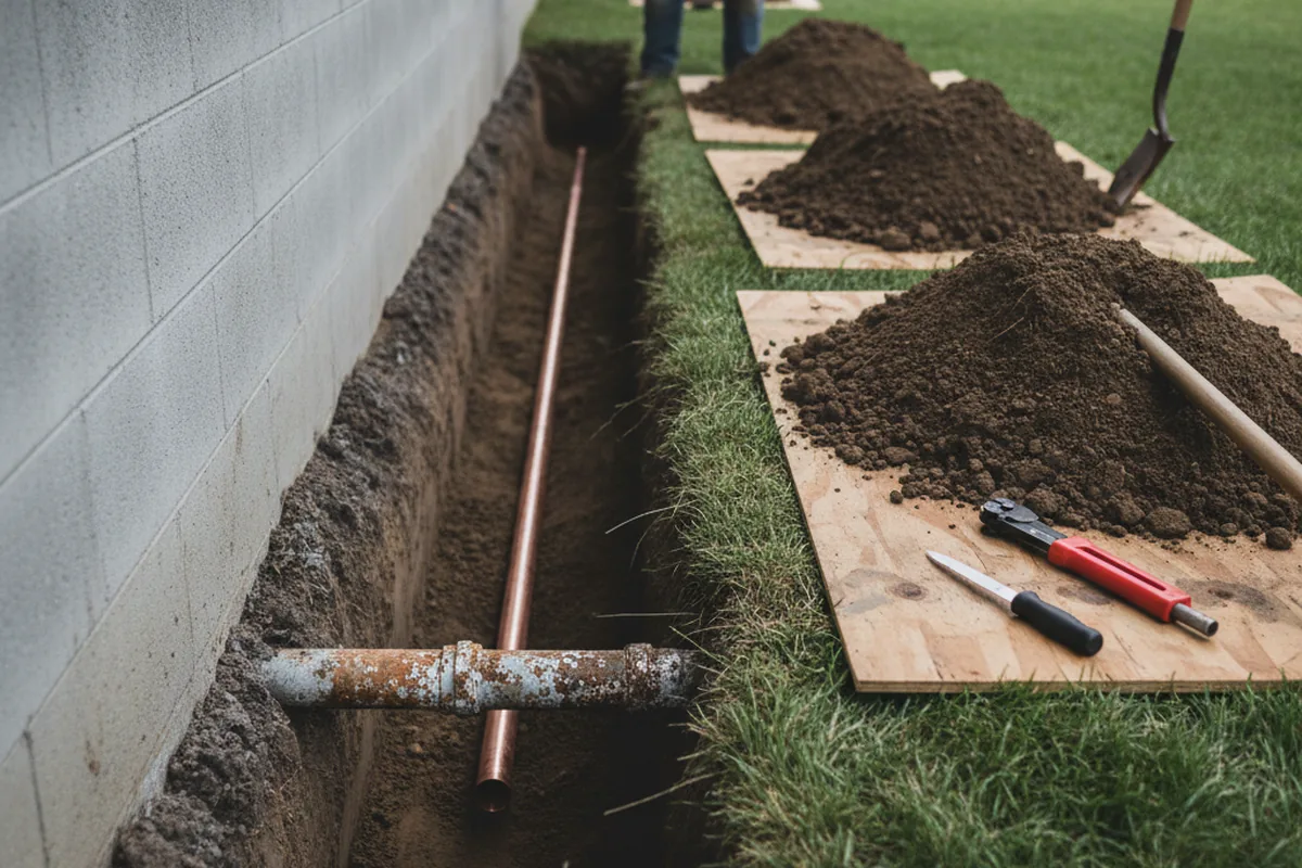 Excavated water line trench during Water Heater Repair in Prue
